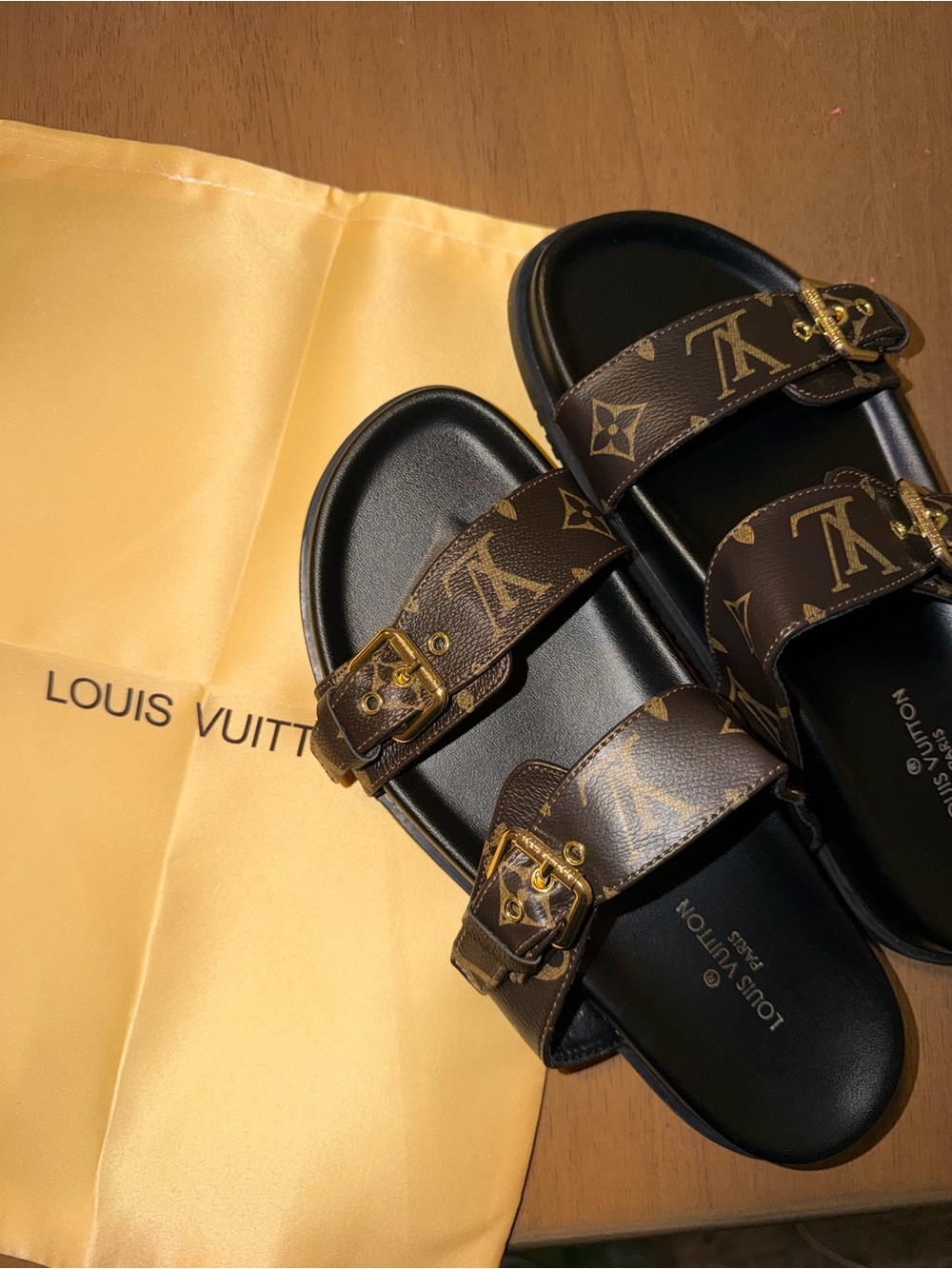Louis Vuitton Brown Monogram Leather Double-Buckle Slide Sandals — Bom Dia